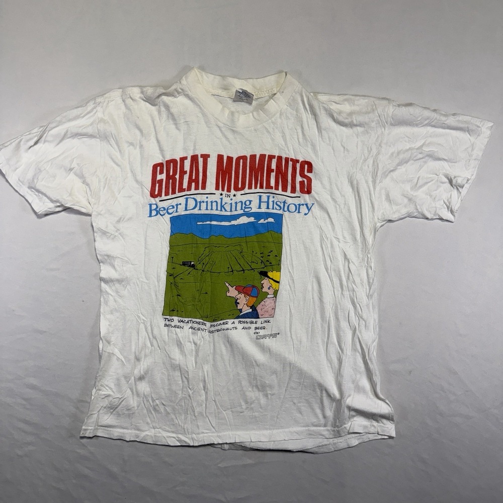Vintage 1987 OATS Great Moments Beer Drinking History Graphic T-Shirt XL USA
